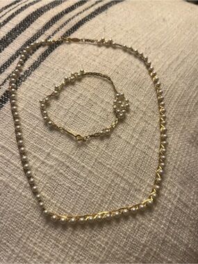 Gold Chain Bracelet and Necklace with White Pearls - Delicate Twist Design